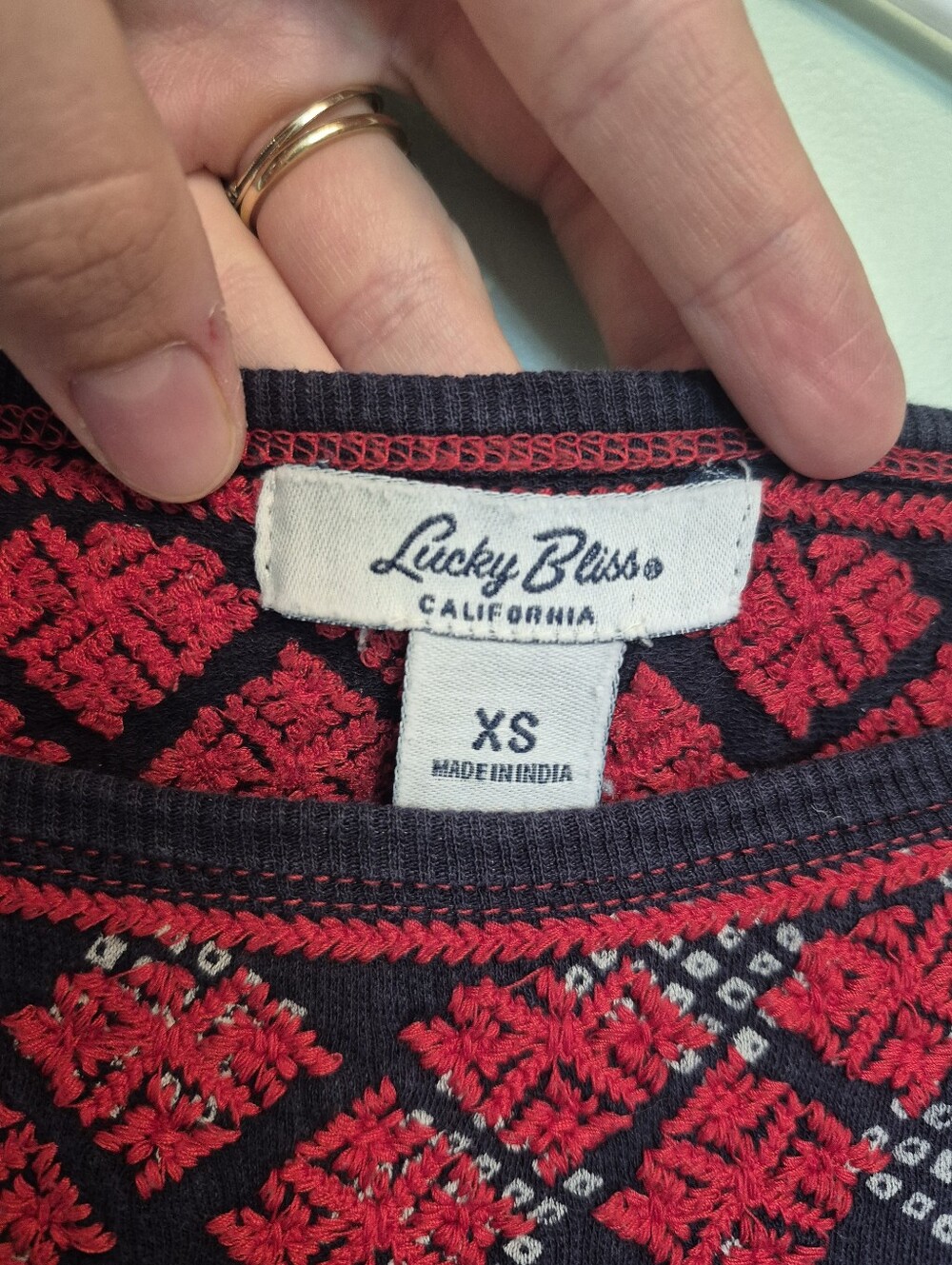 Lucky Bliss Women's Boho Navy Sweater w Red Embroidered Diamond Yoke Size XS - Picture 4 of 4